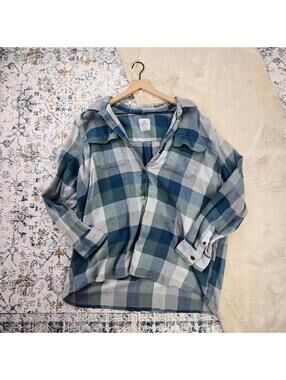 Ascend Blue Multicolor Plaid Button Down Top 2XL